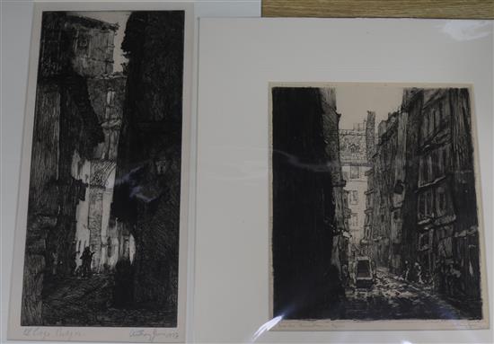 Anthony Gross, pair of early etchings, L. Liego Burgos and Rue des Cannettes, Paris, signed in pencil and dated 33 x 15cm and 23 x 20cm